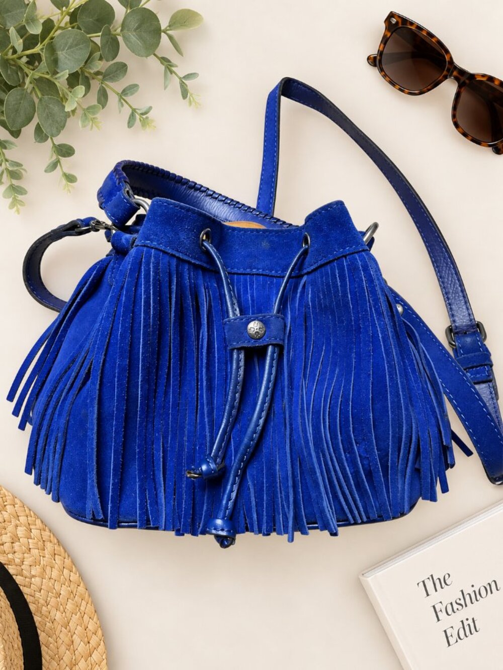 Patricia Nash Cobalt Blue Suede Leather Fringe Bucket Bag Crossbody Boho